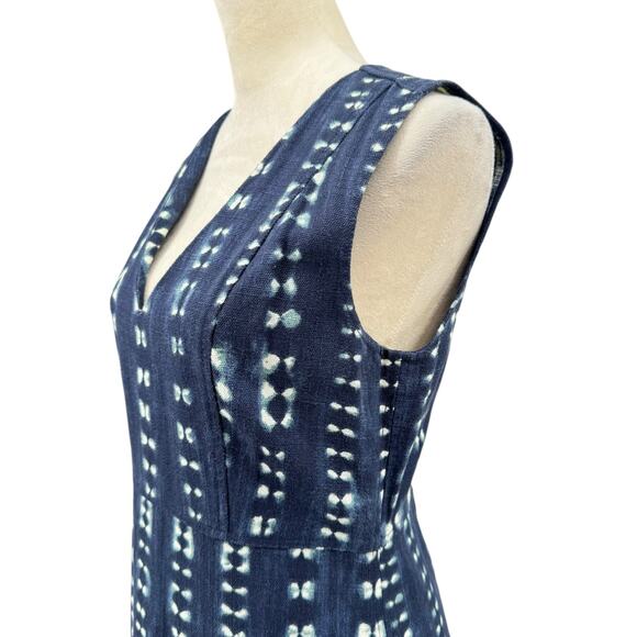 J. Crew Navy Blue Tie Dye Print Woven Canvas 100% Cotton V-neck Sheath Dress - Picture 6 of 12